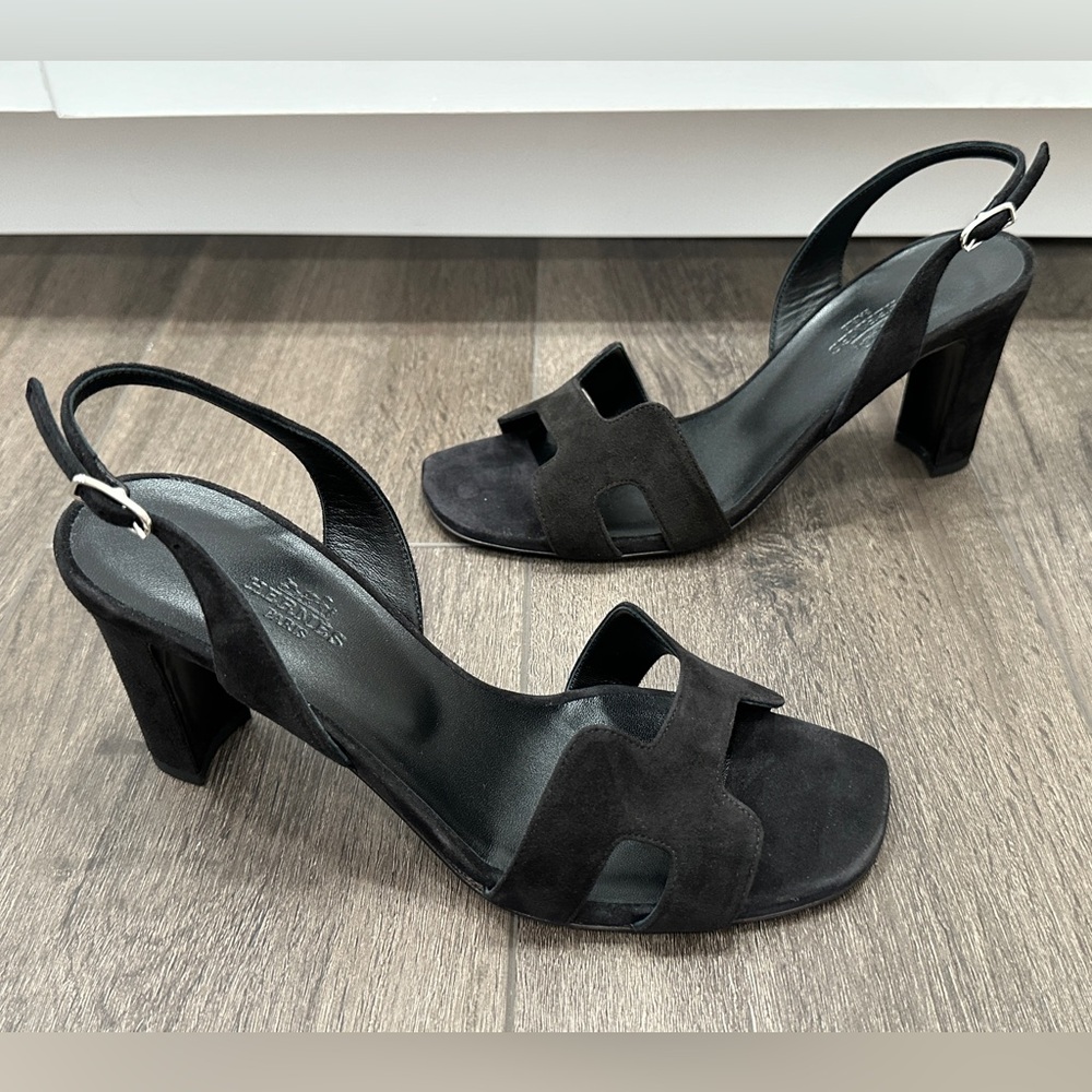 HERMES H ETERNITE 80 SANDALS HIGH HEELS BLACK SUEDE LEATHER SHOES 38